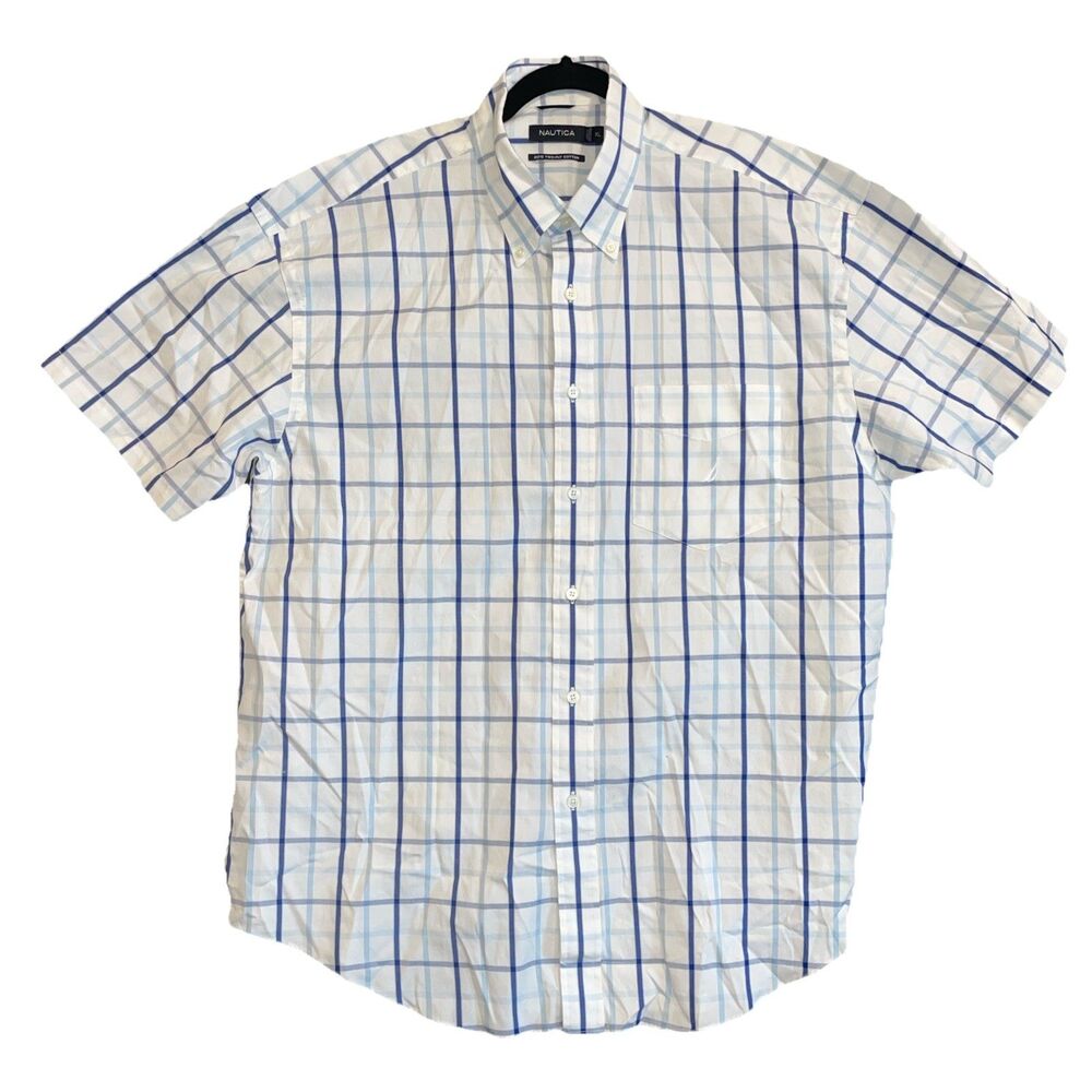 Nautica Men's Button Down Shirt Blue Striped Short Sleeve XL 80s 2ply Cotton
